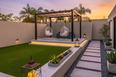 Un design minimaliste sublimé par des jeux de lumière LED intégrés aux marches de la terrasse.