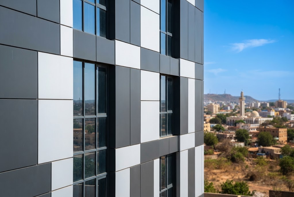Façade moderne habillée de panneaux composites Alucobond gris anthracite et blancs sous le soleil de Bamako.