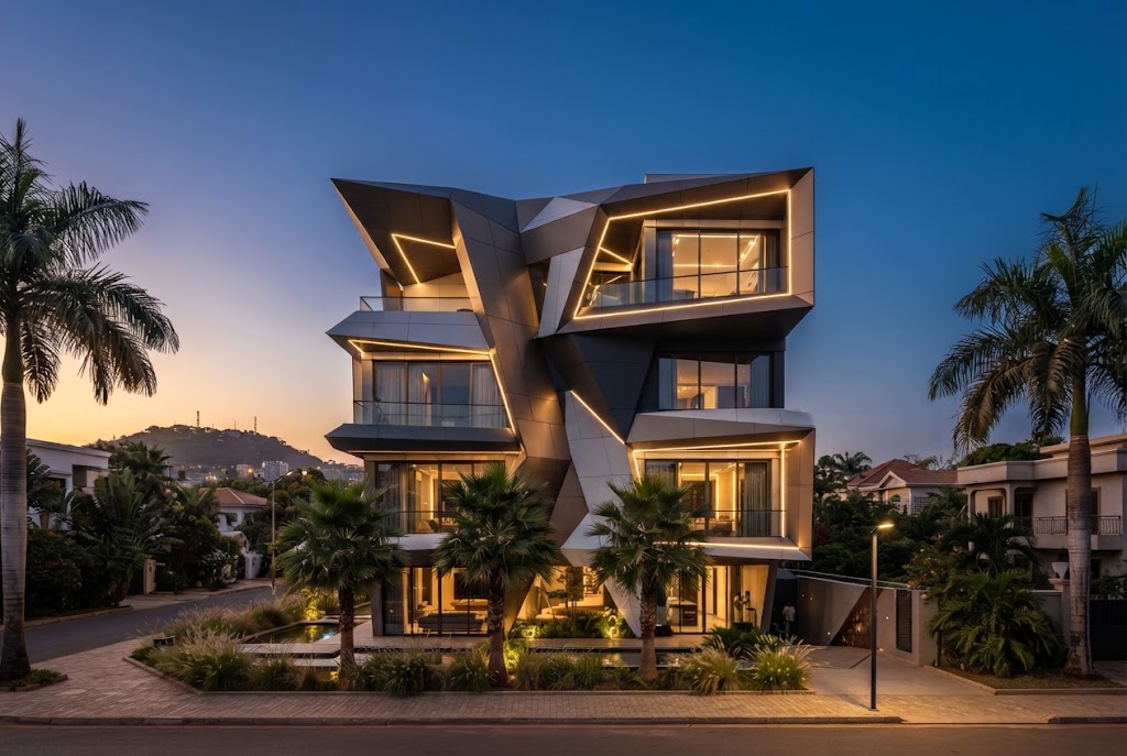 Immeuble R+3 géométrique et luxueux avec habillage Alucobond et éclairage LED intégré à Bamako.