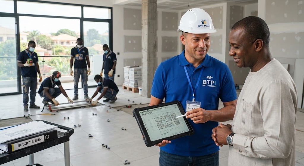 Ingénieur BTP-MALI présentant les plans d'exécution sur tablette à un client pendant la pose du carrelage à Bamako.