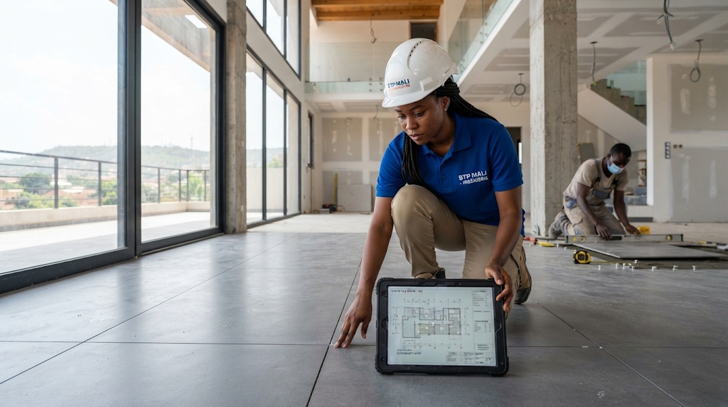 Ingénieure BTP contrôlant l'alignement et la planéité d'un carrelage avec une tablette de plans techniques à Bamako.