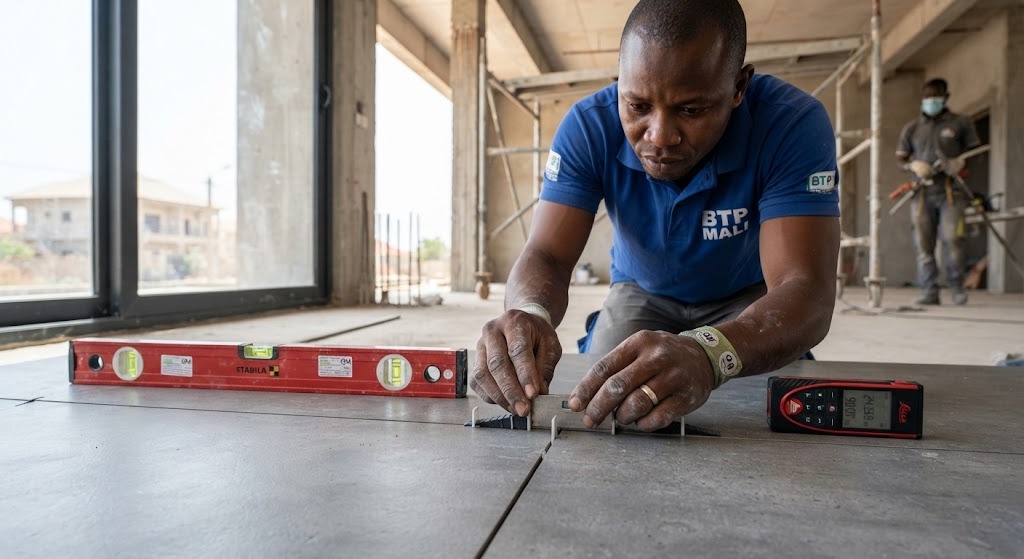 Artisan qualifié BTP-MALI posant des croillons autonivelants avec un niveau à bulle et un télémètre laser pour du carrelage à Bamako.