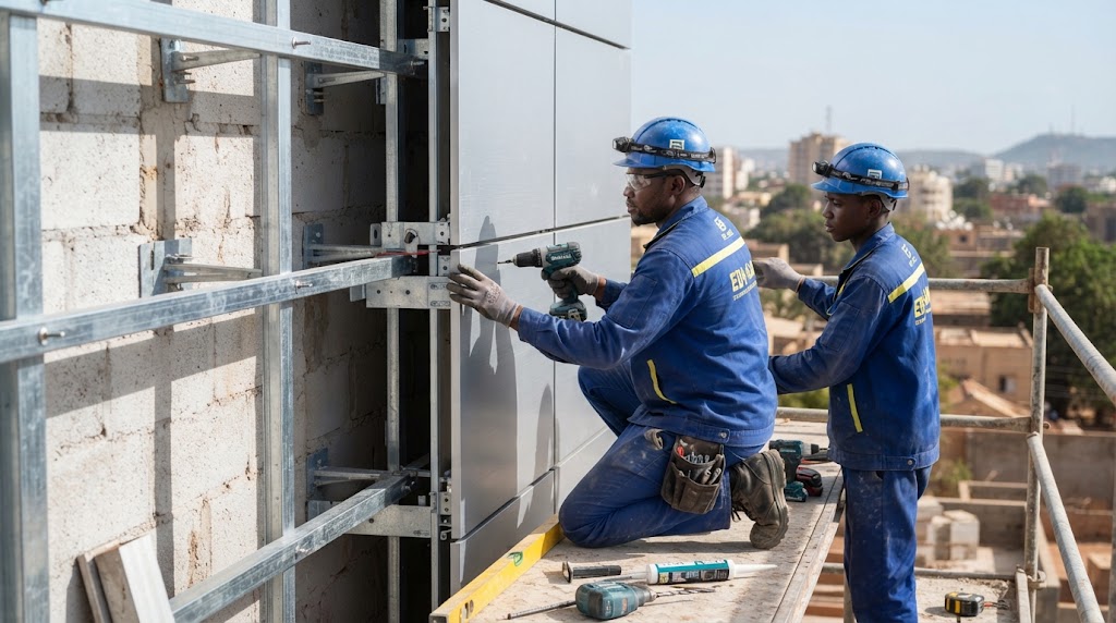 Techniciens de l'entreprise EBV-SARL installant une plaque d'Alucobond sur une structure métallique à Bamako.