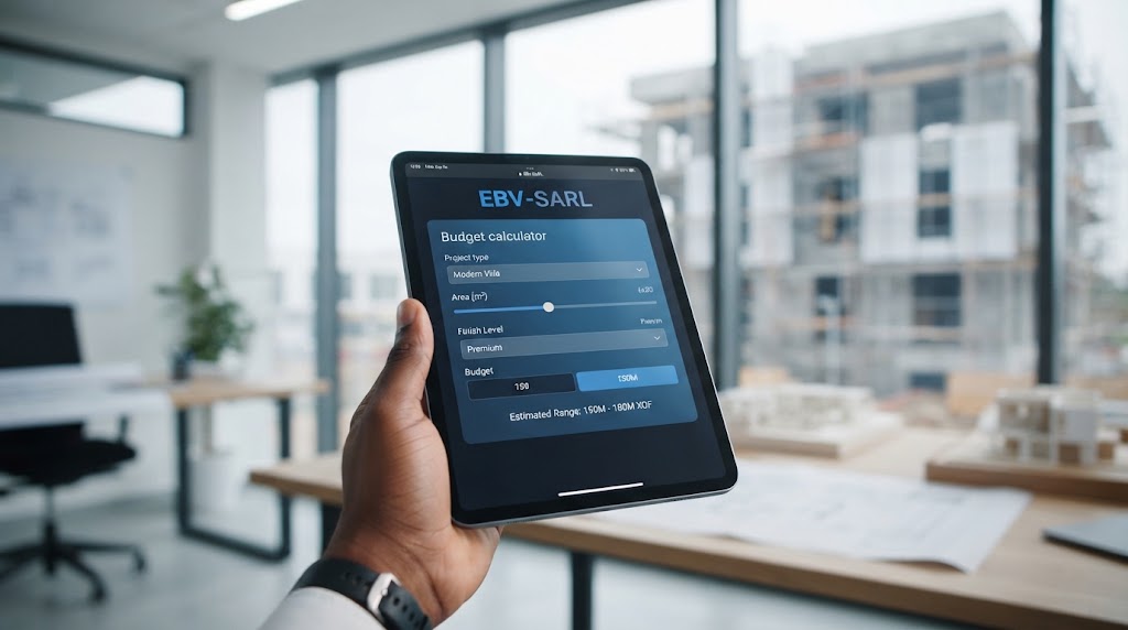 Utilisation du calculateur de budget de rénovation et finition en ligne d'EBV-SARL sur une tablette.