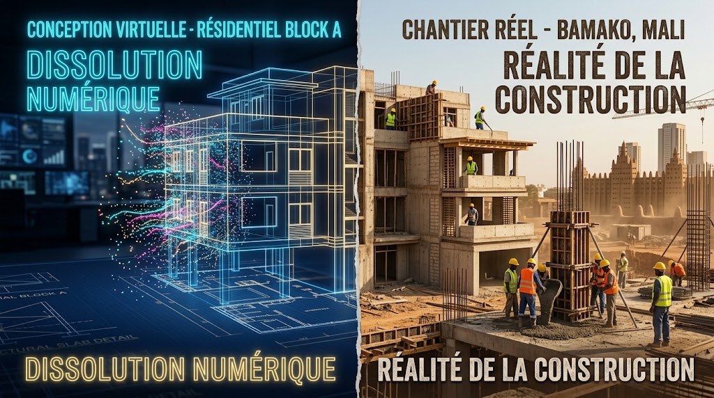 Comparatif entre un rendu 3D virtuel et un chantier réel de construction au Mali avec des ouvriers en gilets de sécurité.