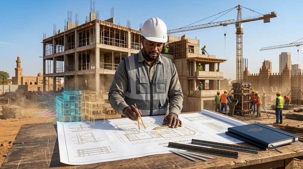 Un ingénieur civil examine des plans techniques sur un chantier à Bamako, loin des illusions numériques.