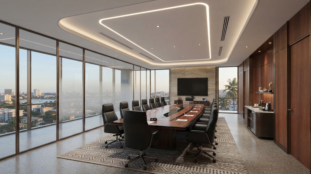 Aménagement intérieur de bureaux haut de gamme avec faux plafond Armstrong et éclairage encastré à Bamako.